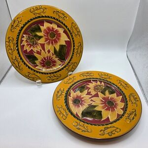 Pier 1 Imports‎ Sunflower Hand Painted Terracotta Salad Plates Set 2 Red Yellow
